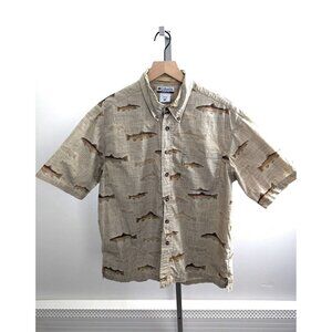COLUMBIA SHIRT MENS MEDIUM RIVER LODGE SHORT SLEEVE BUTTON DOWN BEIGE FISH AOP